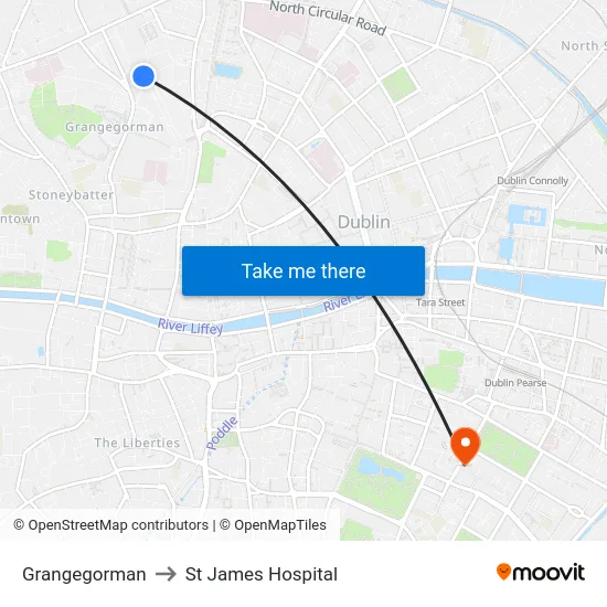 Grangegorman to St James Hospital map