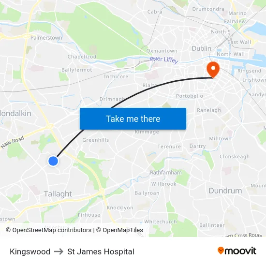 Kingswood to St James Hospital map