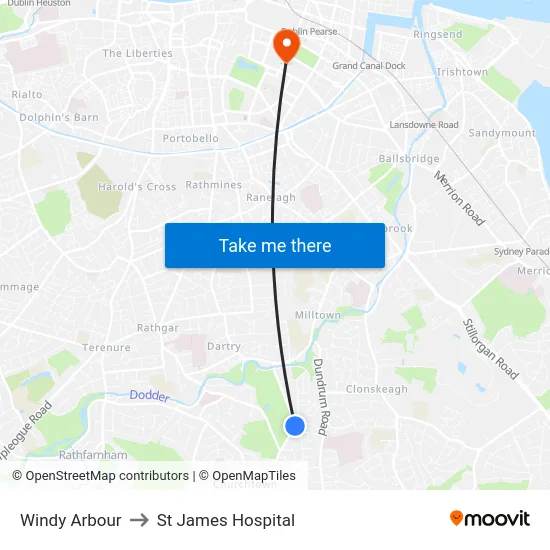 Windy Arbour to St James Hospital map