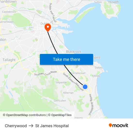Cherrywood to St James Hospital map
