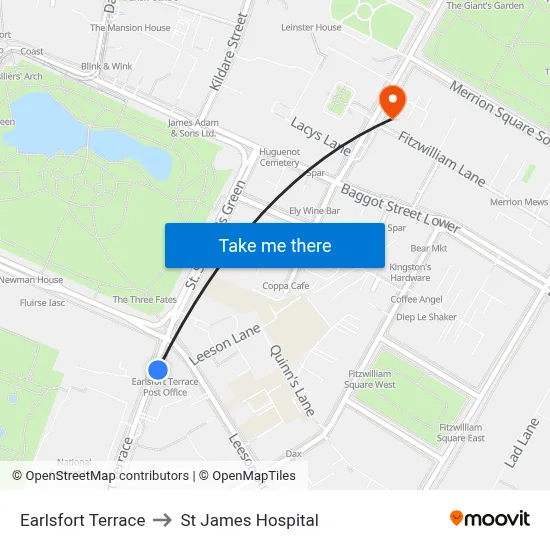 Earlsfort Terrace to St James Hospital map