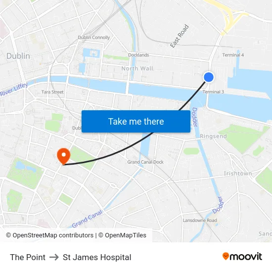 The Point to St James Hospital map