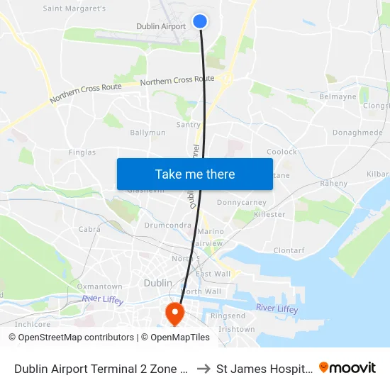 Dublin Airport Terminal 2 Zone 21 to St James Hospital map
