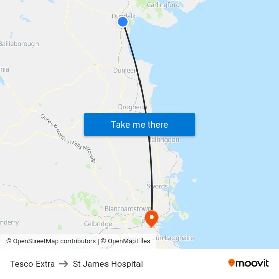 Tesco Extra to St James Hospital map