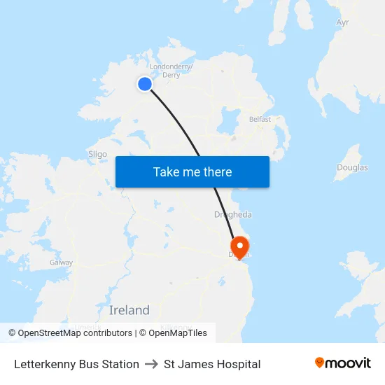Letterkenny Bus Station to St James Hospital map