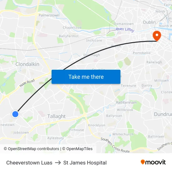 Cheeverstown Luas to St James Hospital map