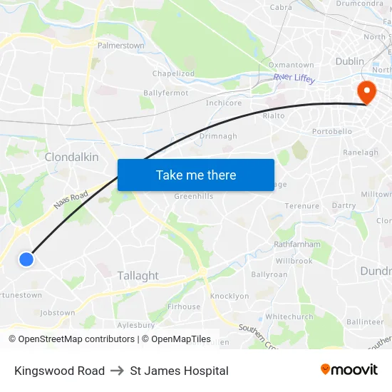 Kingswood Road to St James Hospital map