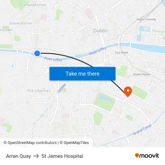 Arran Quay to St James Hospital map