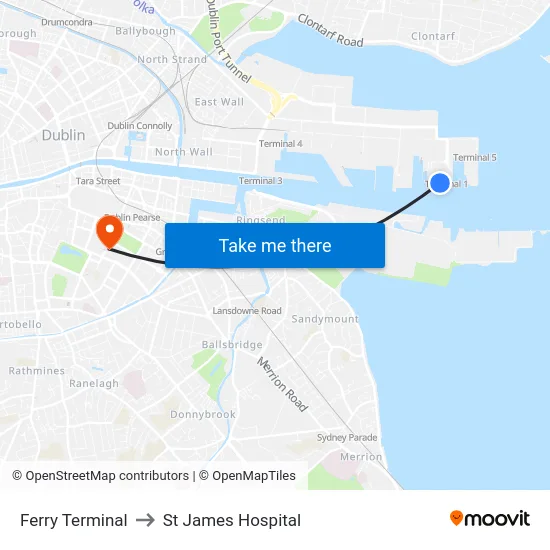 Ferry Terminal to St James Hospital map