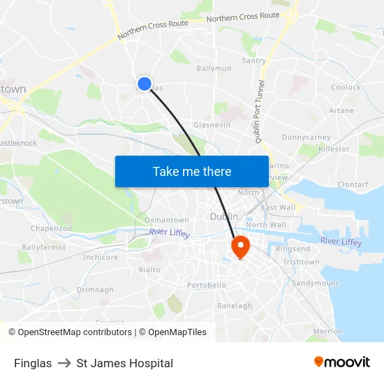 Finglas to St James Hospital map