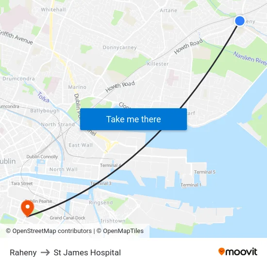 Raheny to St James Hospital map