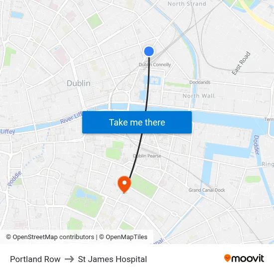 Portland Row to St James Hospital map