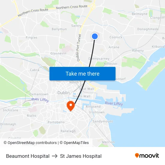 Beaumont Hospital to St James Hospital map