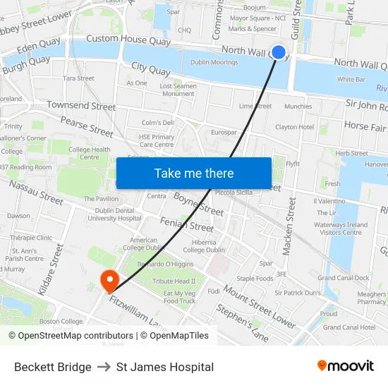 Beckett Bridge to St James Hospital map