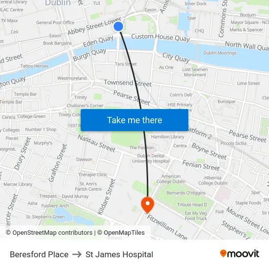 Beresford Place to St James Hospital map
