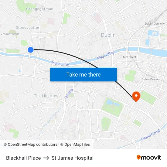 Blackhall Place to St James Hospital map