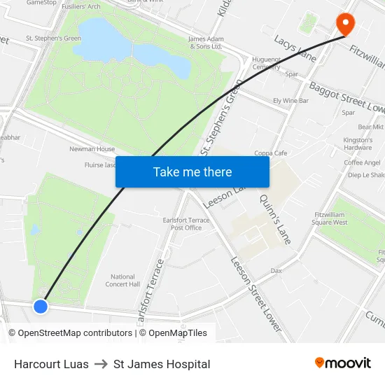Harcourt Luas to St James Hospital map