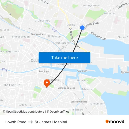 Howth Road to St James Hospital map