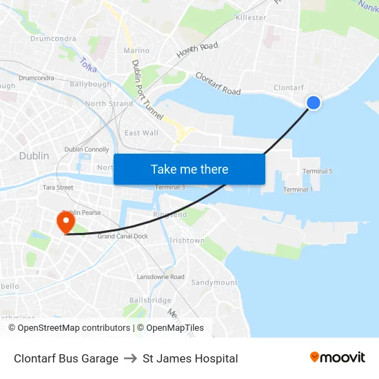 Clontarf Bus Garage to St James Hospital map