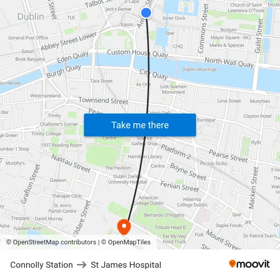 Connolly Station to St James Hospital map