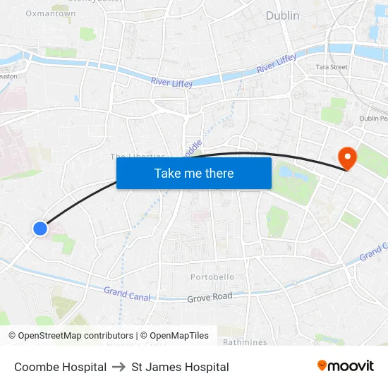 Coombe Hospital to St James Hospital map