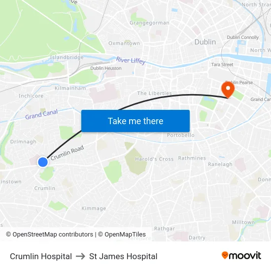 Crumlin Hospital to St James Hospital map