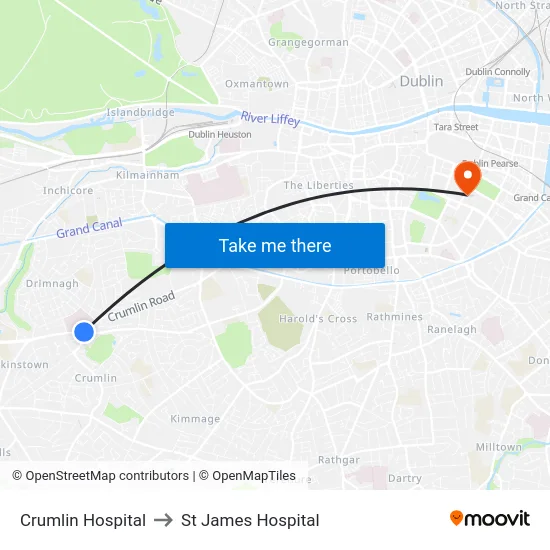 Crumlin Hospital to St James Hospital map