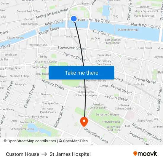 Custom House to St James Hospital map