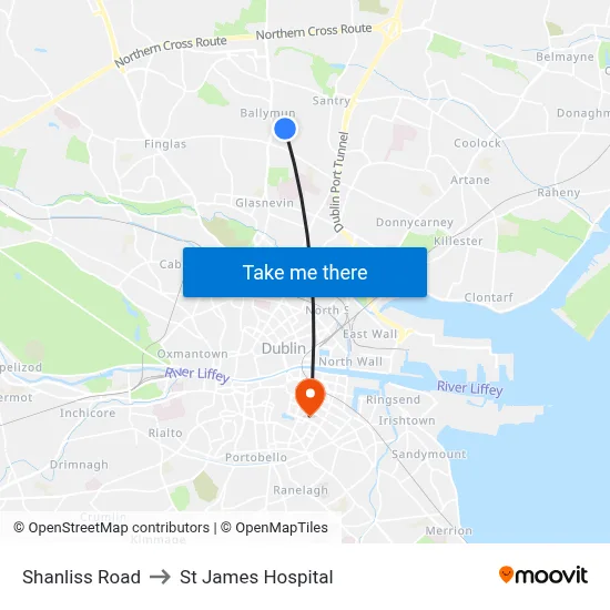 Shanliss Road to St James Hospital map