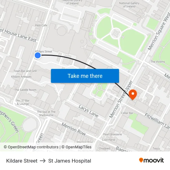 Kildare Street to St James Hospital map
