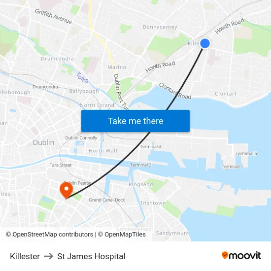 Killester to St James Hospital map