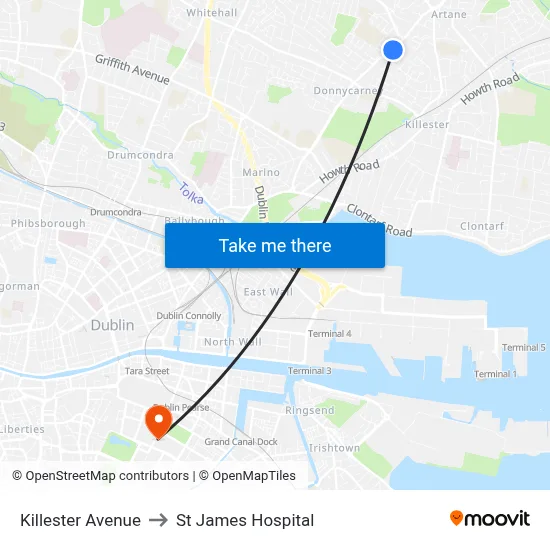 Killester Avenue to St James Hospital map