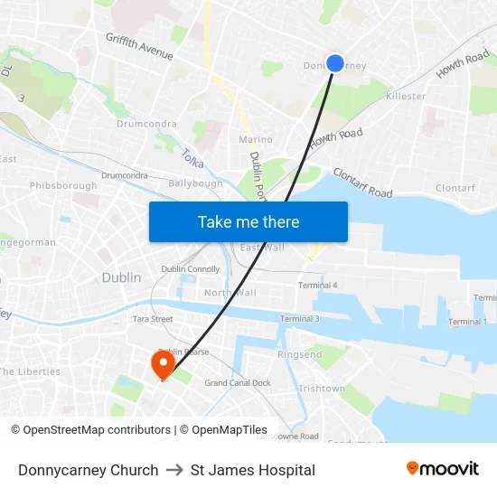 Donnycarney Church to St James Hospital map