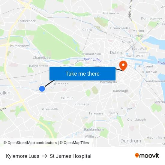 Kylemore Luas to St James Hospital map