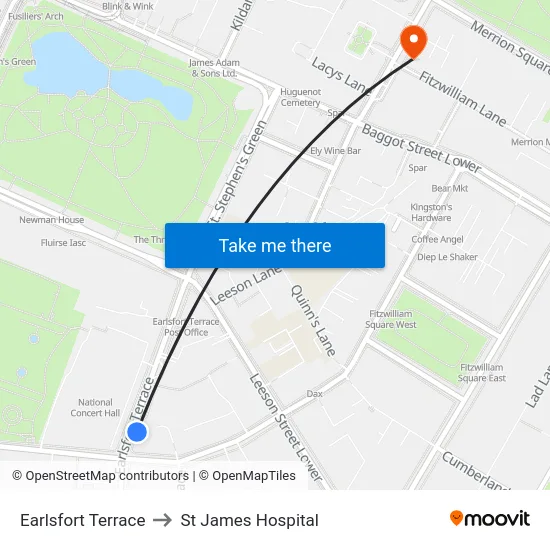 Earlsfort Terrace to St James Hospital map