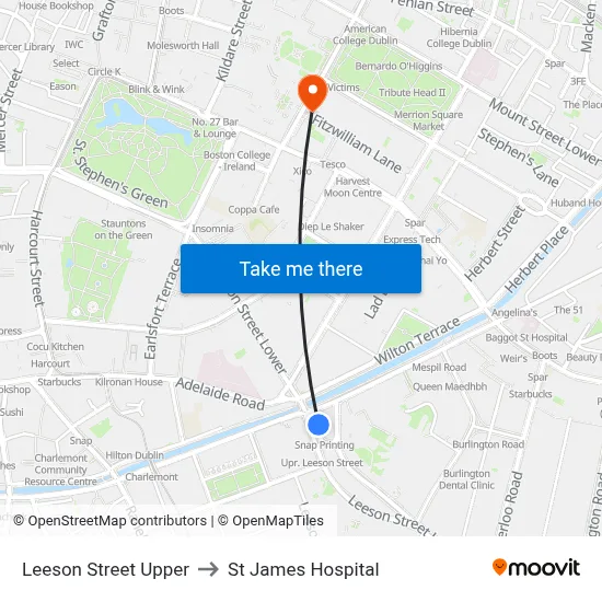 Leeson Street Upper to St James Hospital map