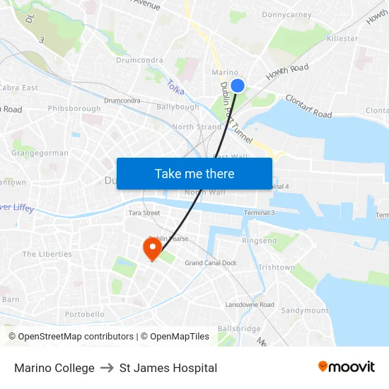 Marino College to St James Hospital map