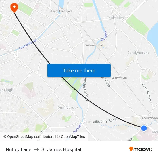 Nutley Lane to St James Hospital map