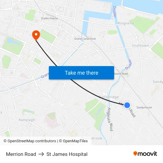 Merrion Road to St James Hospital map