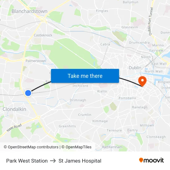 Park West Station to St James Hospital map