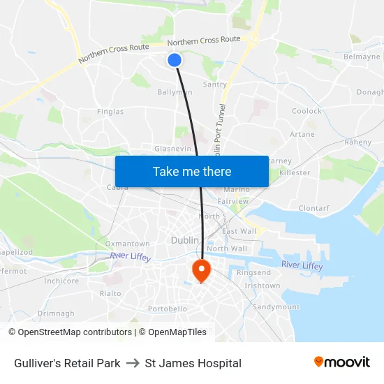 Gulliver's Retail Park to St James Hospital map