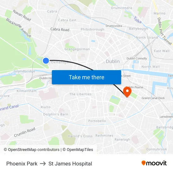 Phoenix Park to St James Hospital map