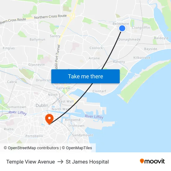 Temple View Avenue to St James Hospital map