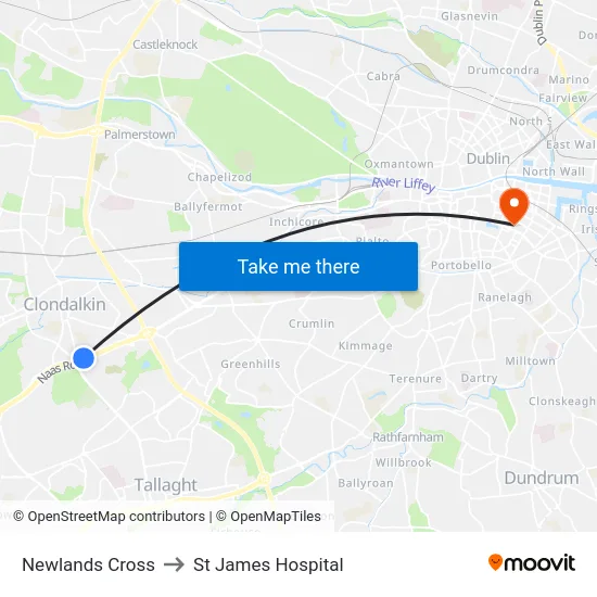 Newlands Cross to St James Hospital map