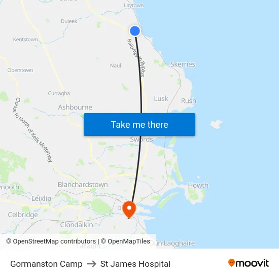Gormanston Camp to St James Hospital map
