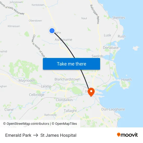 Emerald Park to St James Hospital map