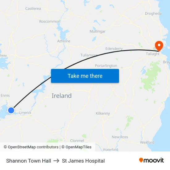 Shannon Town Hall to St James Hospital map