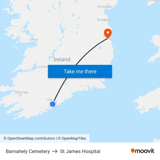 Barnahely Cemetery to St James Hospital map