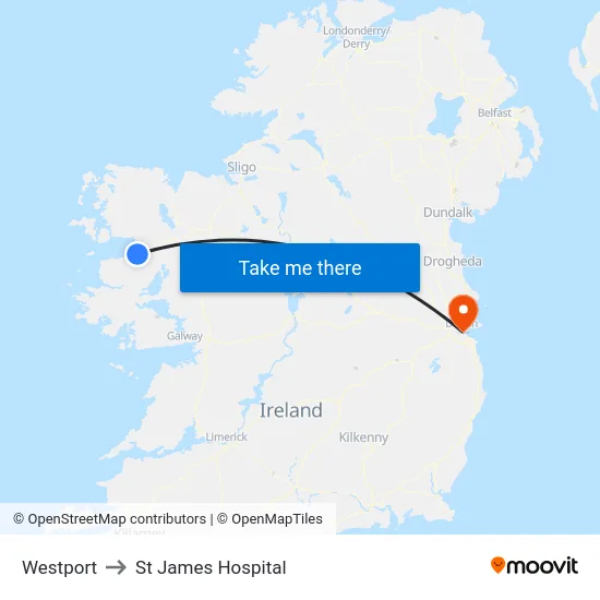 Westport to St James Hospital map