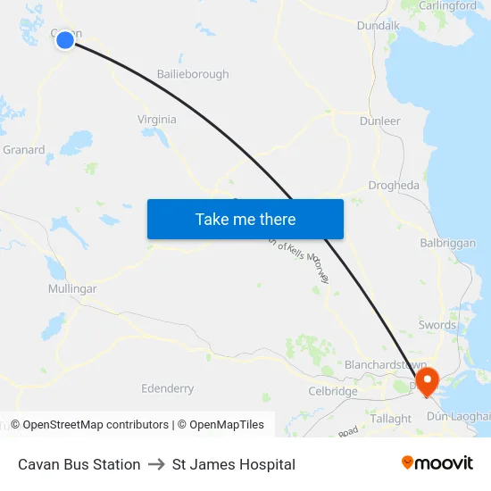 Cavan Bus Station to St James Hospital map